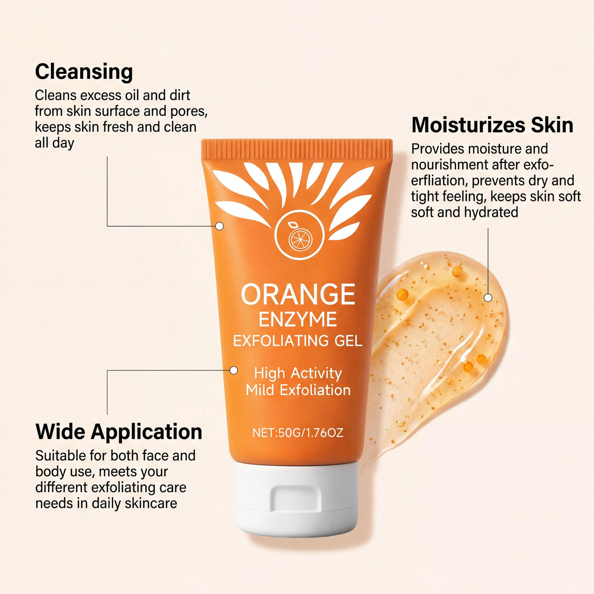 Gel exfoliant orange pour le visage et le corps, élimine les peaux mortes, nettoie en profondeur les pores, élimine la saleté, améliore la rugosité, blanchit et hydrate.
